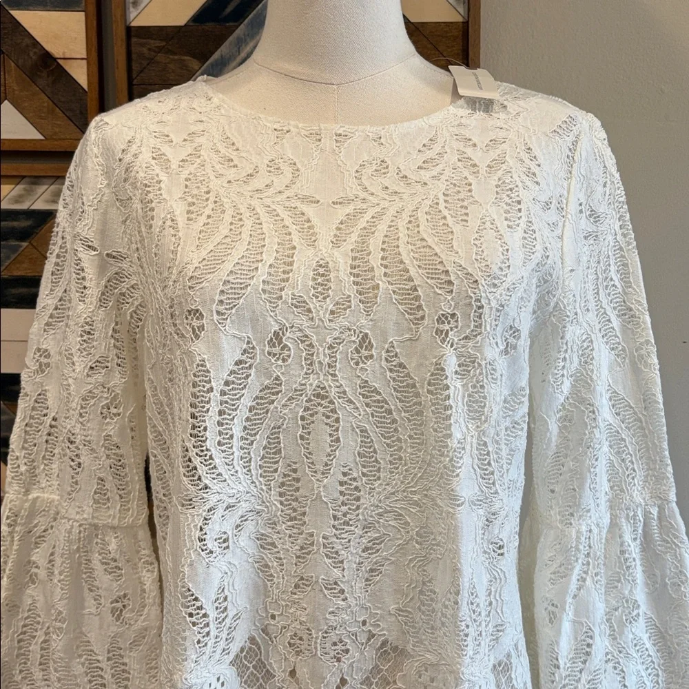 Anthropologie Waverly Grey Liberant White Lace Ruffle Sleeve Top size Small NWT
